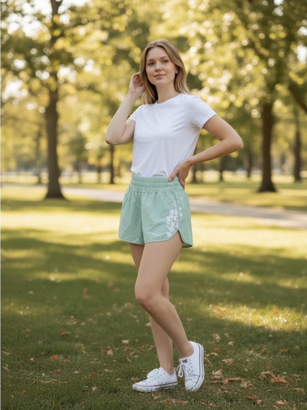 Free People Mint Green Floral Athletic Shorts